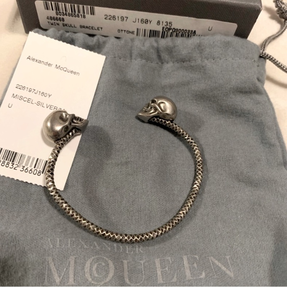 [Alexander McQueen] SilverTone Crystal Twin Skull Bracelet